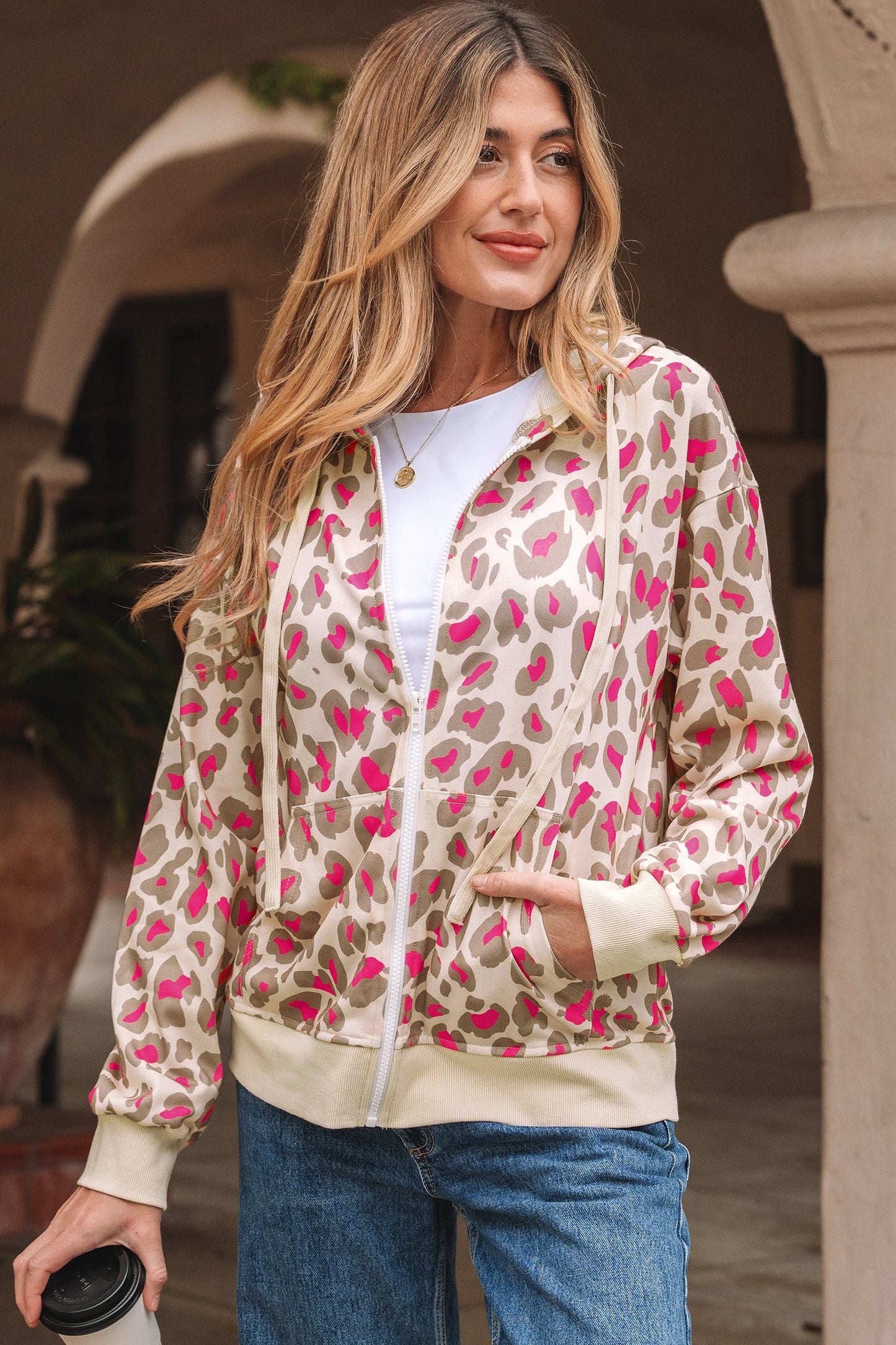 Leopard Zip-Up Hooded Sweatshirt
