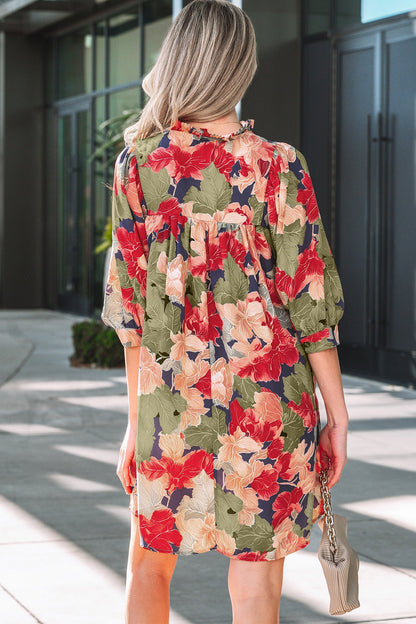 Floral Frill Collar V-Neck Half Sleeve Dress