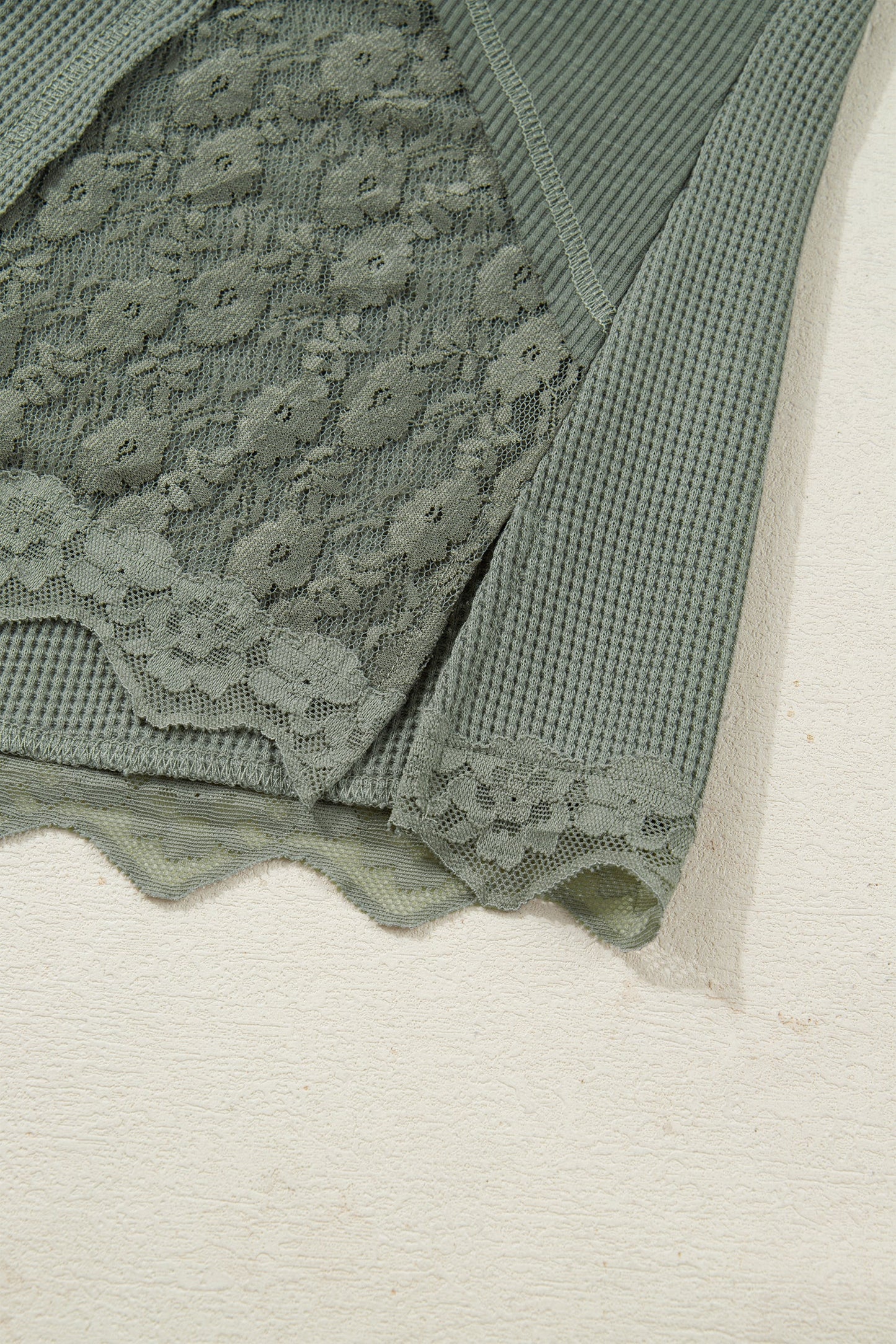 Solid Waffle Rib Lace Patchwork Top