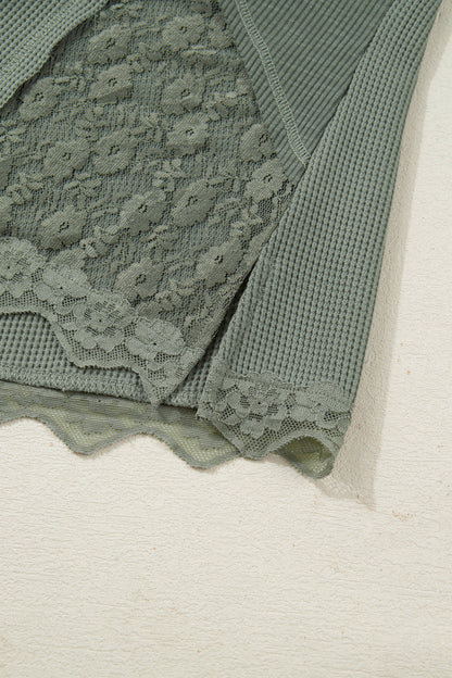 Solid Waffle Rib Lace Patchwork Top