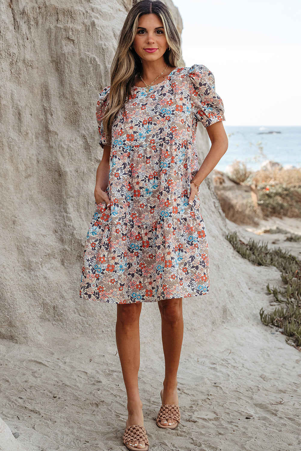 Floral Bohemian Short Puff Sleeve Mini Dress