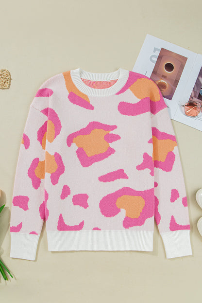 Leopard Round Neck Drop Shoulder Sweater