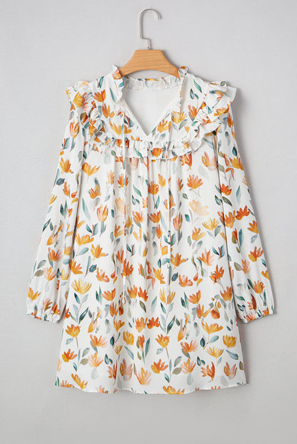 Floral Tied V-Neck Long Sleeve Mini Dress