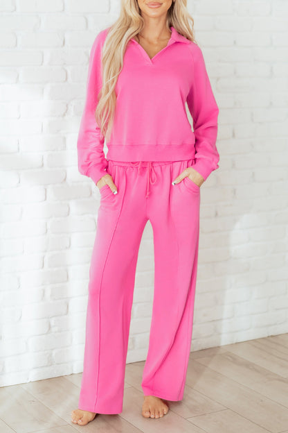 Solid Collared Top and Central Seam Pants Set