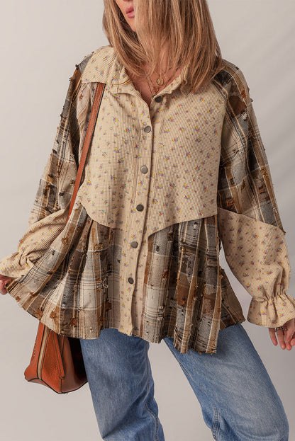 Floral Plaid Patchwork Ruffle Waffle Knit Shacket