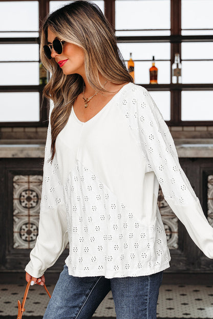 Corded Knit Patchwork Embroidered V-Neck Blouse