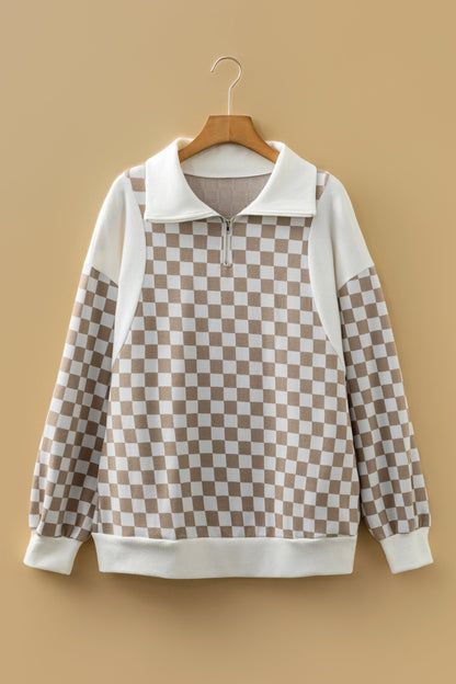 Checker Ribbed Patchwork Quarter Zip Sweatshirt