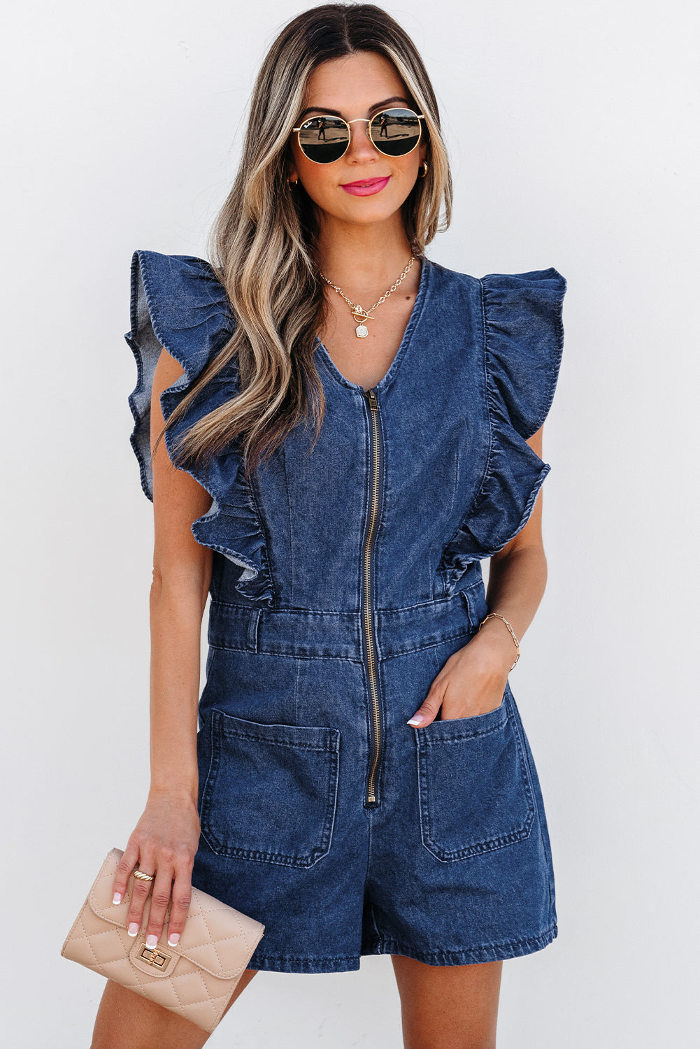 Denim Ruffle Zip Front Belted Romper