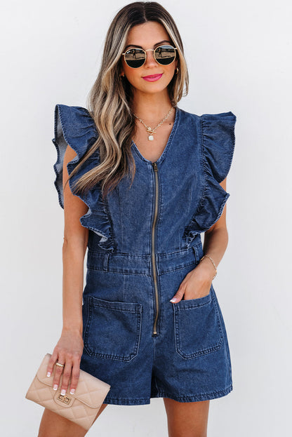 Denim Ruffle Zip Front Belted Romper