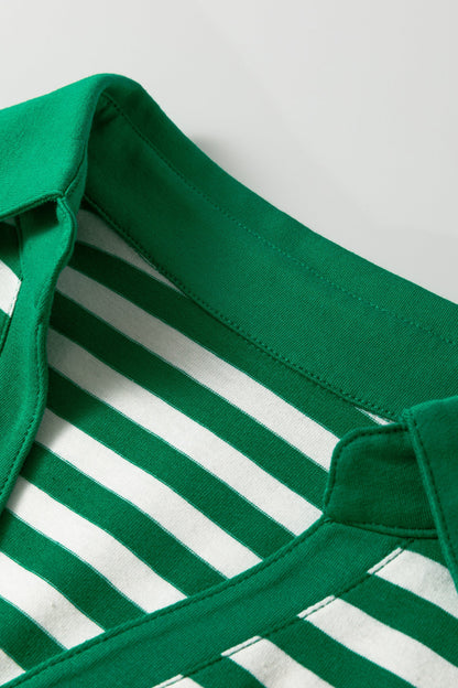 Stripe Collar V-Neck Short Puff Sleeve Top