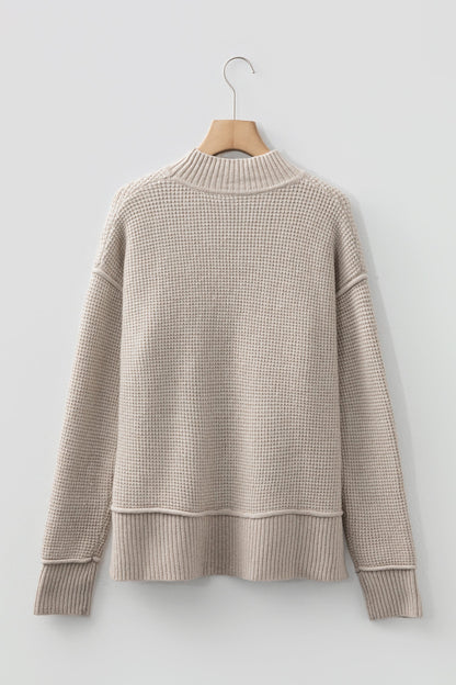 Waffle Knit Ribbed High Neck Drop Shoulder Sweater