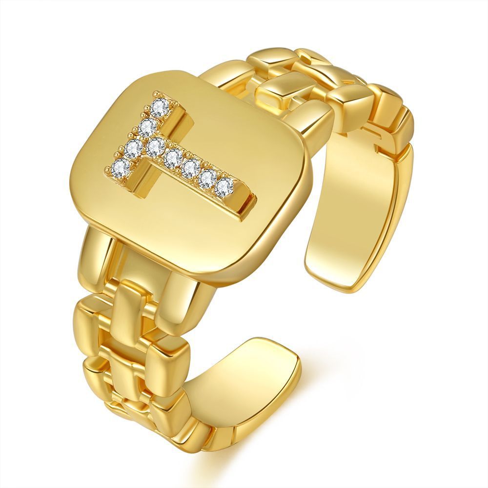 Letter Series Gold-plated Zircon Strap Design Ring