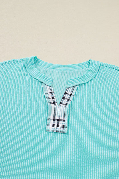 Plus Size Plaid Patchwork Corded Knit Long Sleeve Top