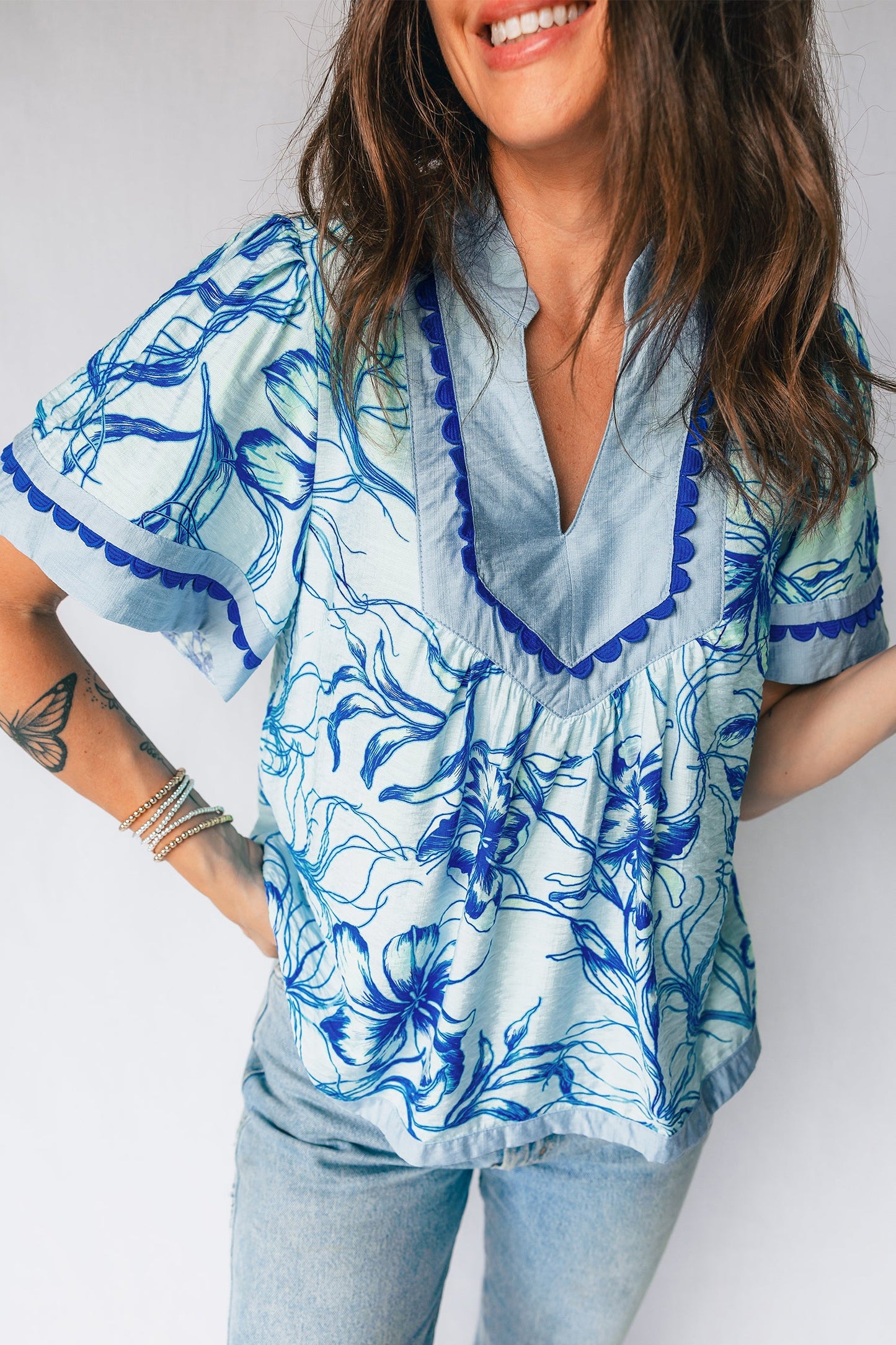 Floral Ricrac Trim V-Neck Blouse