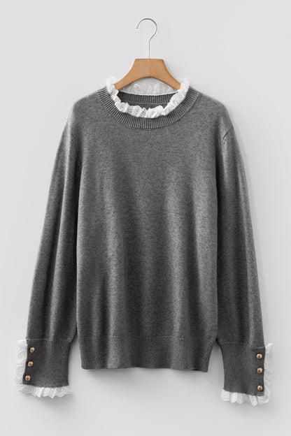 Lace Trim Patchwork Buttoned Cuff Sweater