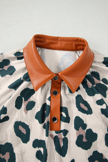 Leopard Button Contrast Collar Short Sleeve Blouse