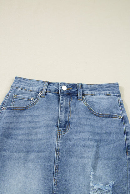 Denim Distressed Midi Skirt