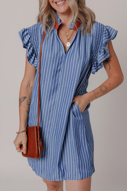 Stripe Frilly Neck Shirred Ruffle Sleeve Mini Dress
