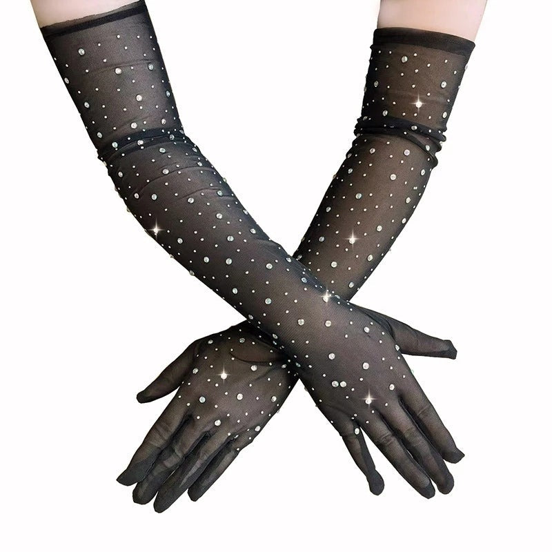 Cosplay Rhinestone Lace Mesh Gloves