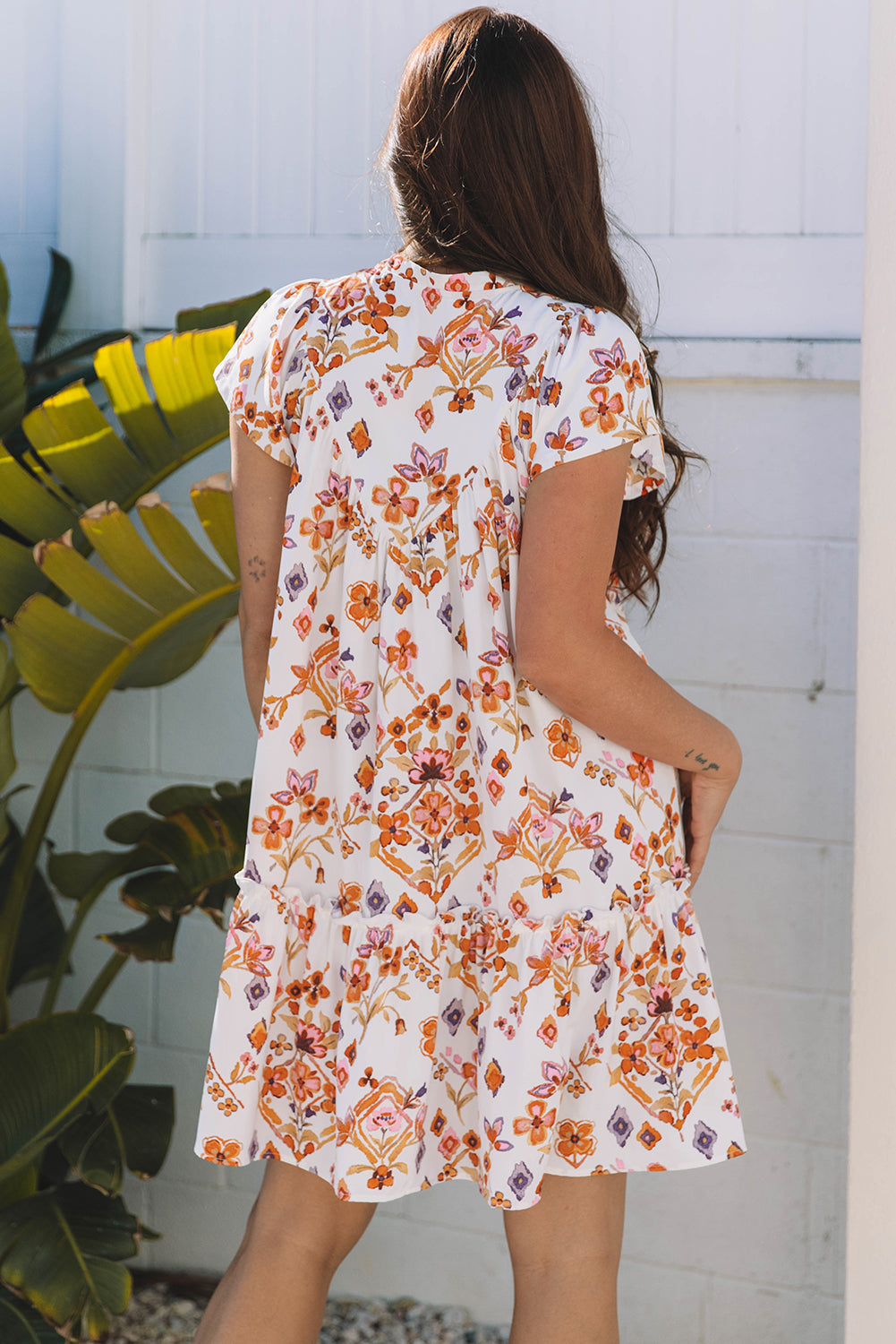 Floral Geometric Ruffle Trim Mini Dress