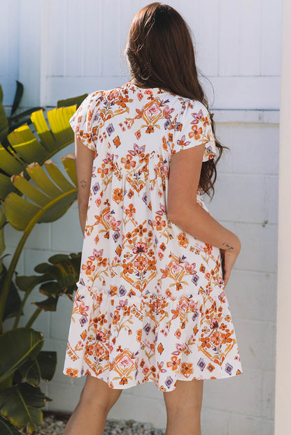 Floral Geometric Ruffle Trim Mini Dress