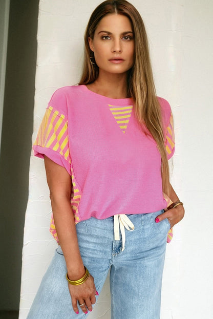 Stripe Patchwork Waffle Knit Loose T-Shirt