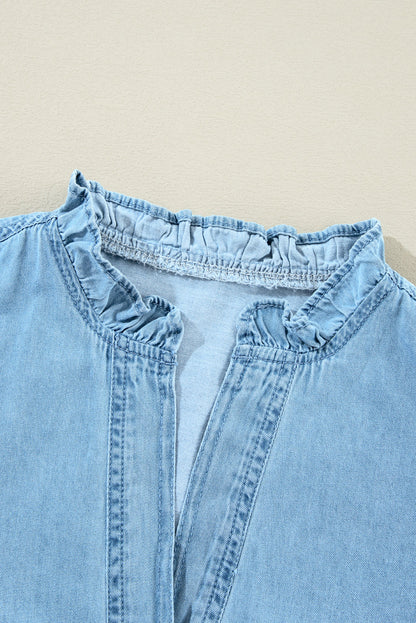 Denim Ruffle V-Neck Buttoned Mini Dress