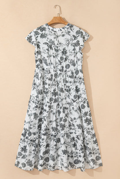 Floral Piping Trim Notch Neck Maxi Dress
