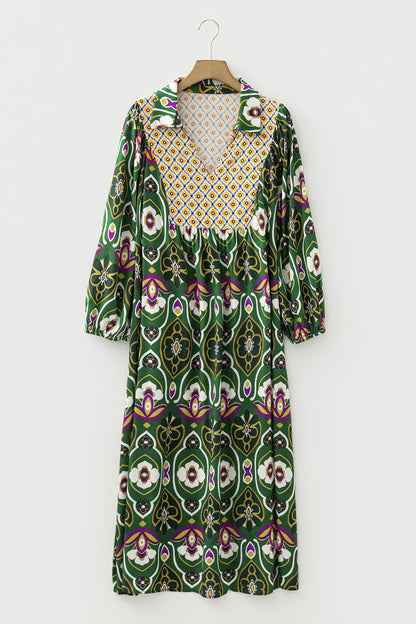 Plus Size Mix Floral Patchwork V-Neck Dress