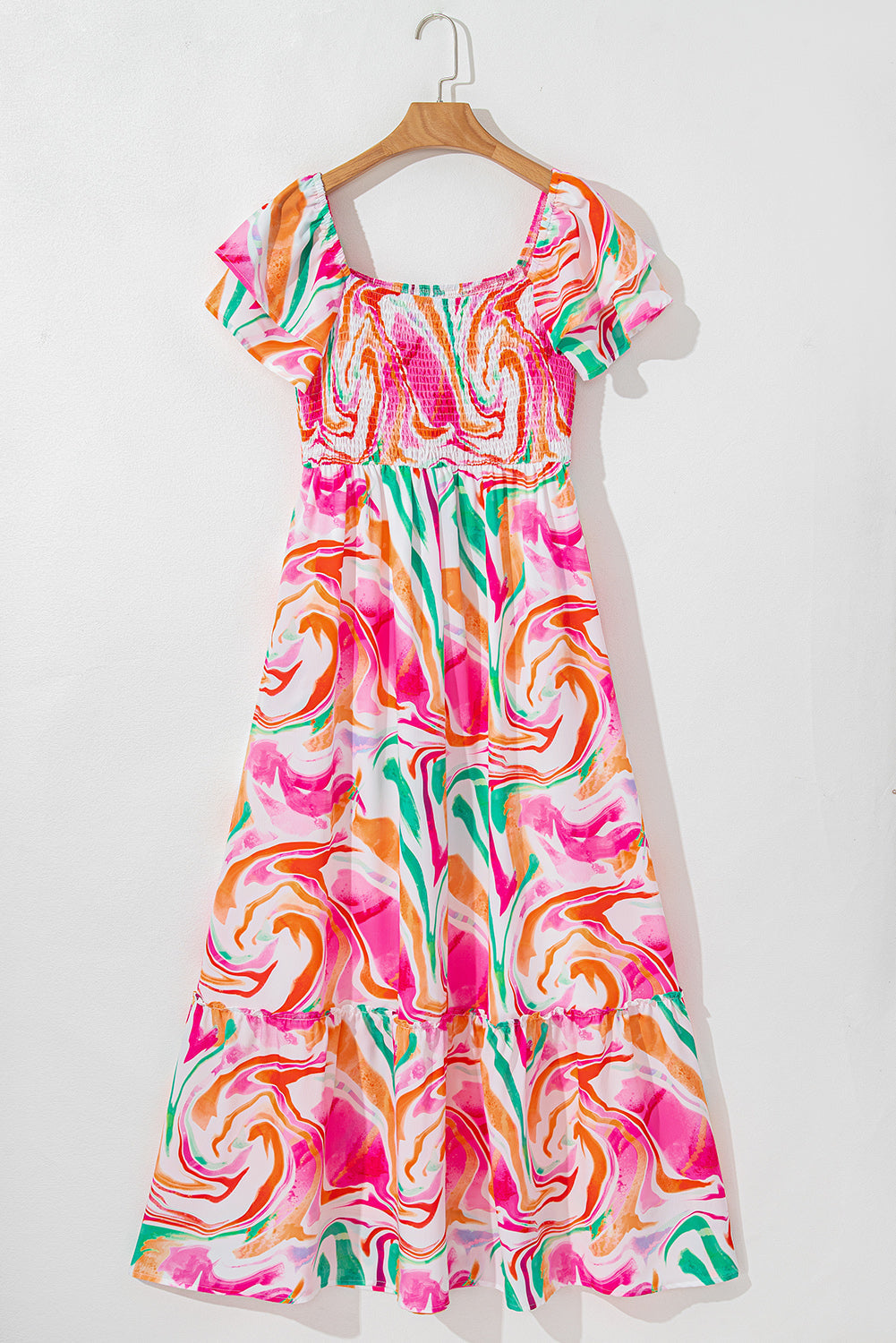 Abstract Ruffle Sleeve Smock Maxi Dress