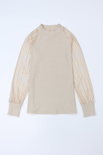 Stripe Ribbed Mesh Long Sleeve Crewneck Top