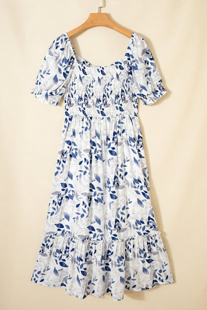Floral Smocked Puff Sleeve Tiered Midi Dress