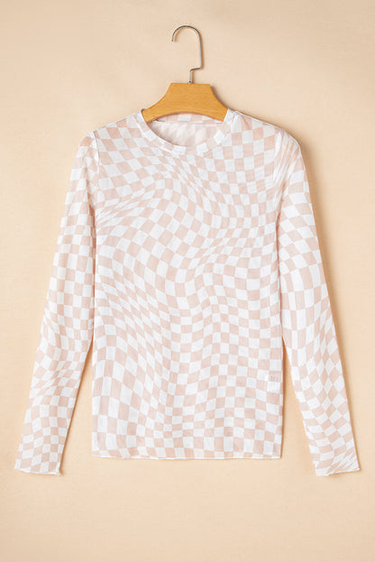 Checker Mesh Mock Neck Long Sleeve Top