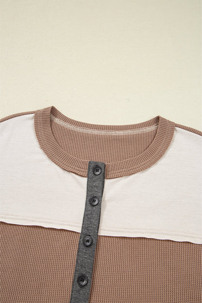 Colorblock Waffle Knit Patchwork Henley Top
