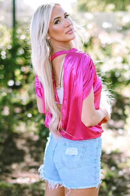 Ruched Sleeve Knotted Backless Blouse