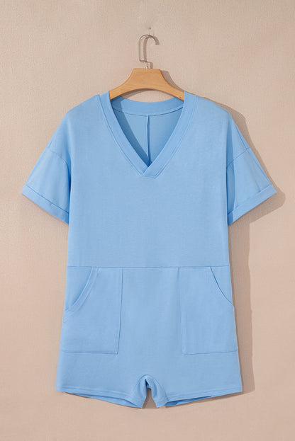 Solid Short Sleeve V-Neck Knit Romper