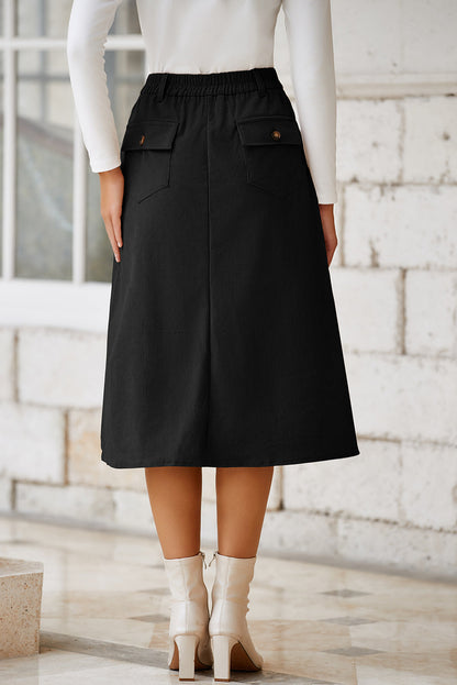Solid High Waist Front-Slit Midi Skirt