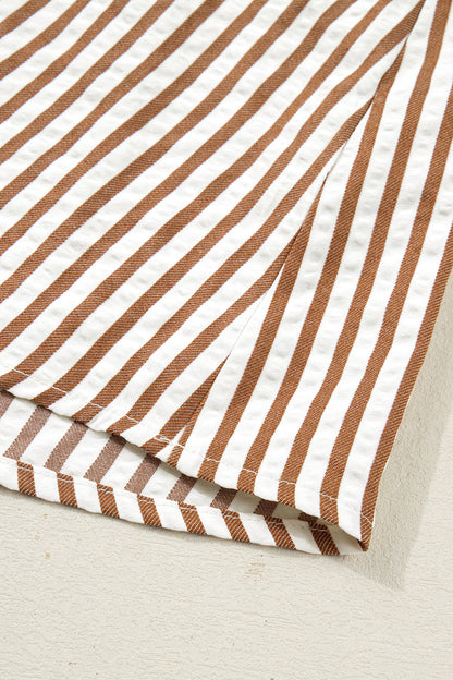 Stripe Shirred V-Neck Short Puff Sleeve Blouse