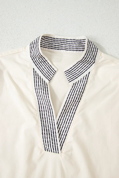 Floral Puff Sleeve Contrast V-Neck Patchwork Blouse