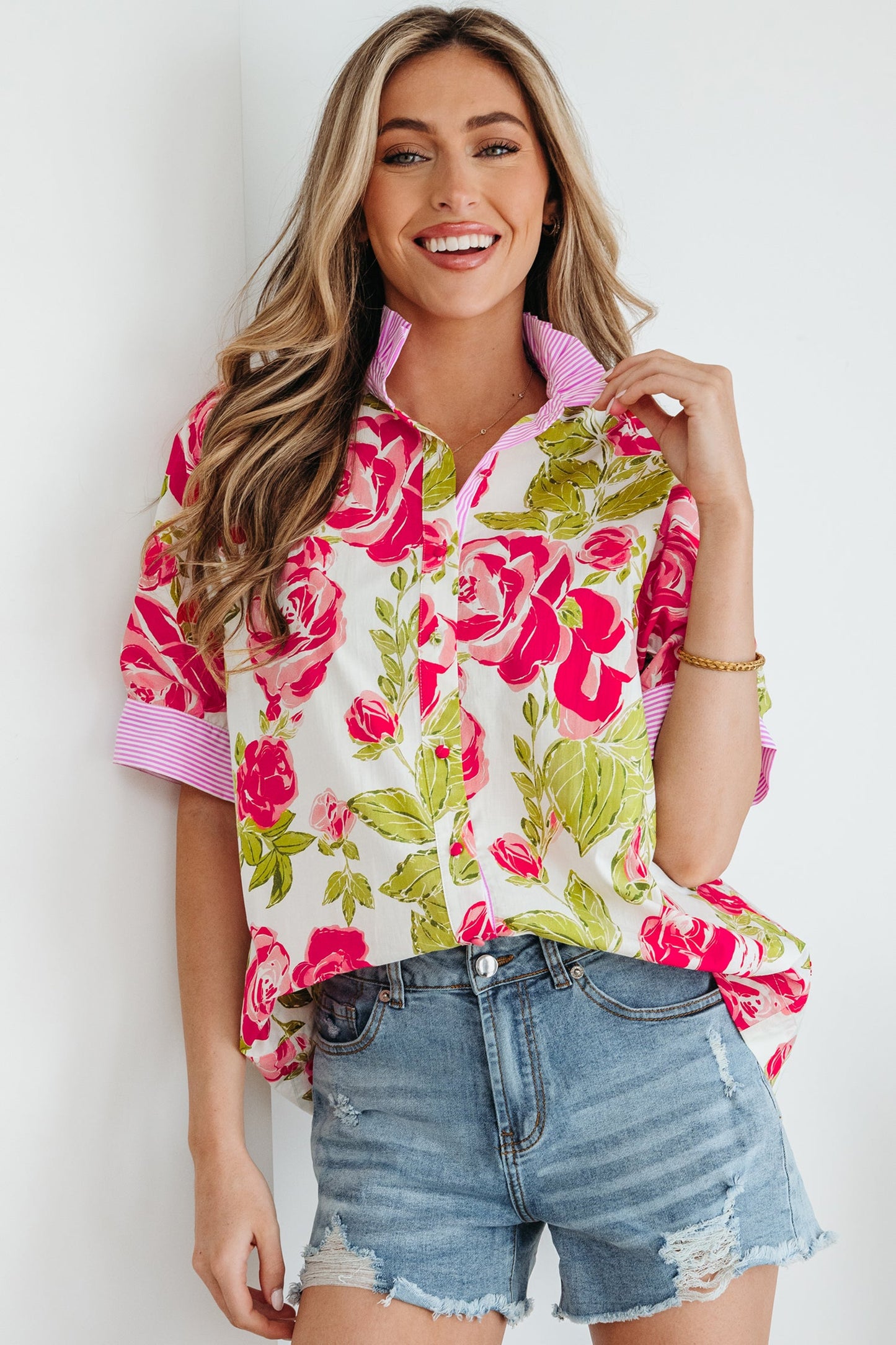 Stripe Trim Frill Collar Short Sleeve Shirt