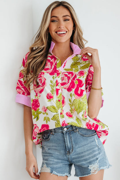 Stripe Trim Frill Collar Short Sleeve Shirt