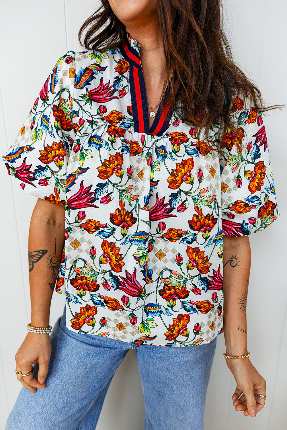 Floral V-Neck Puff Sleeve Blouse