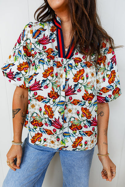 Floral V-Neck Puff Sleeve Blouse