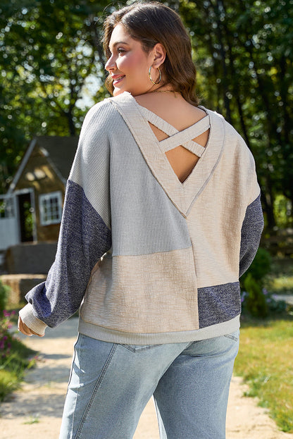 Plus Size Textured Patchwork Long Sleeve V-Neck Top