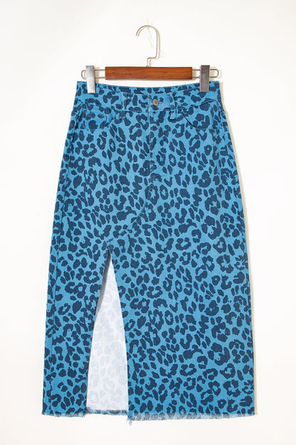 Leopard Denim Frayed Hem Midi Skirt