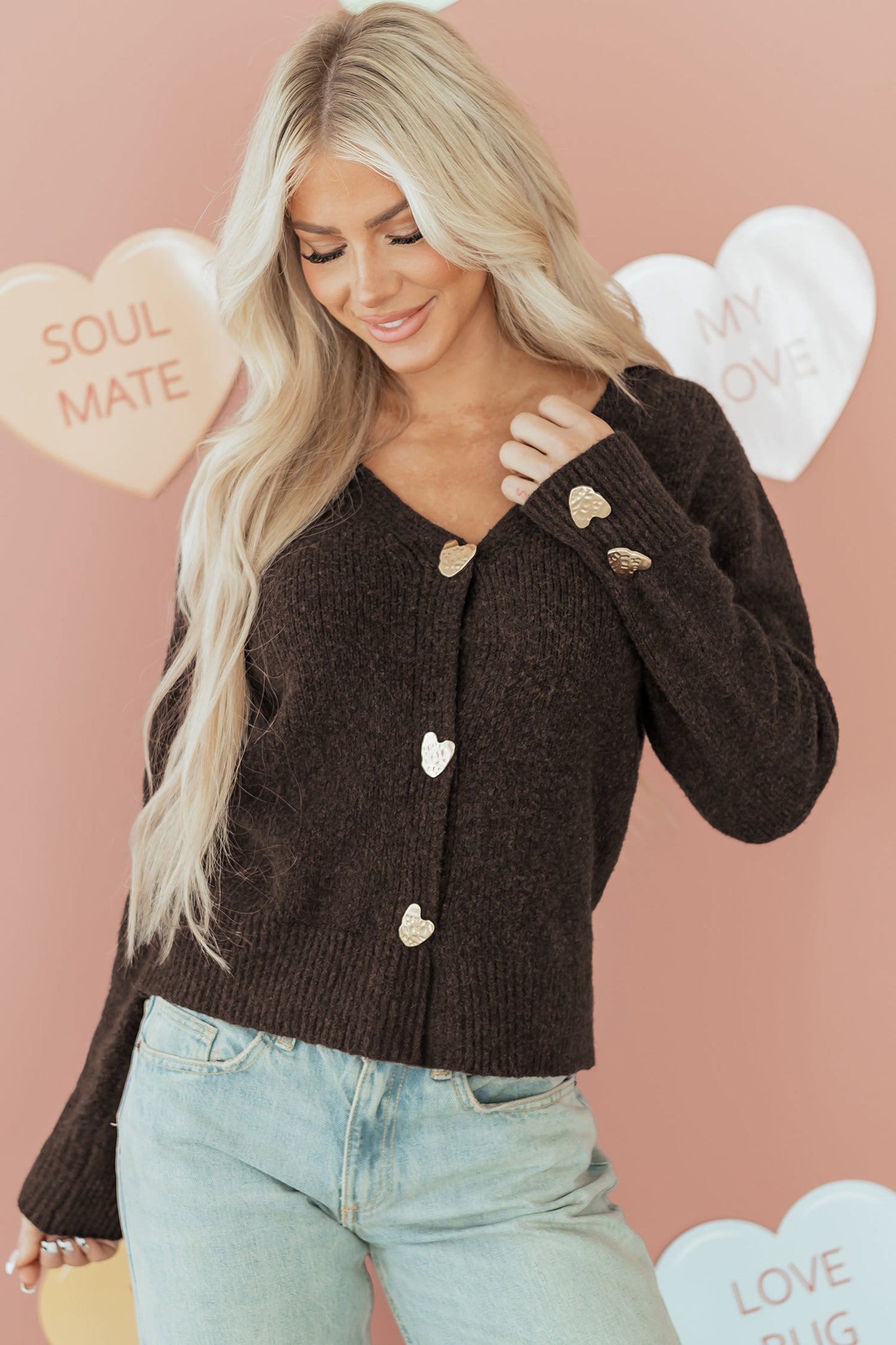 Heart Metal Button V-Neck Knit Cardigan