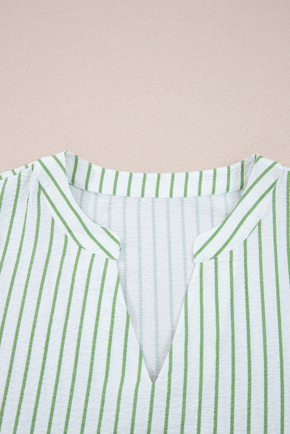 Floral Stripe Puff Sleeve Notched V-Neck Blouse
