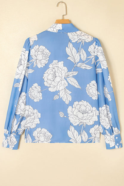 Floral Button-Up Pleated Puff Sleeve Shirt
