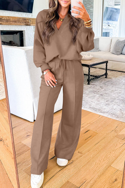 Solid V-Neck Pullover and Drawstring Sweatpants Set