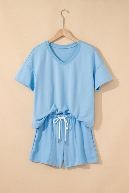 Solid V-Neck Tee and Drawstring Shorts Set